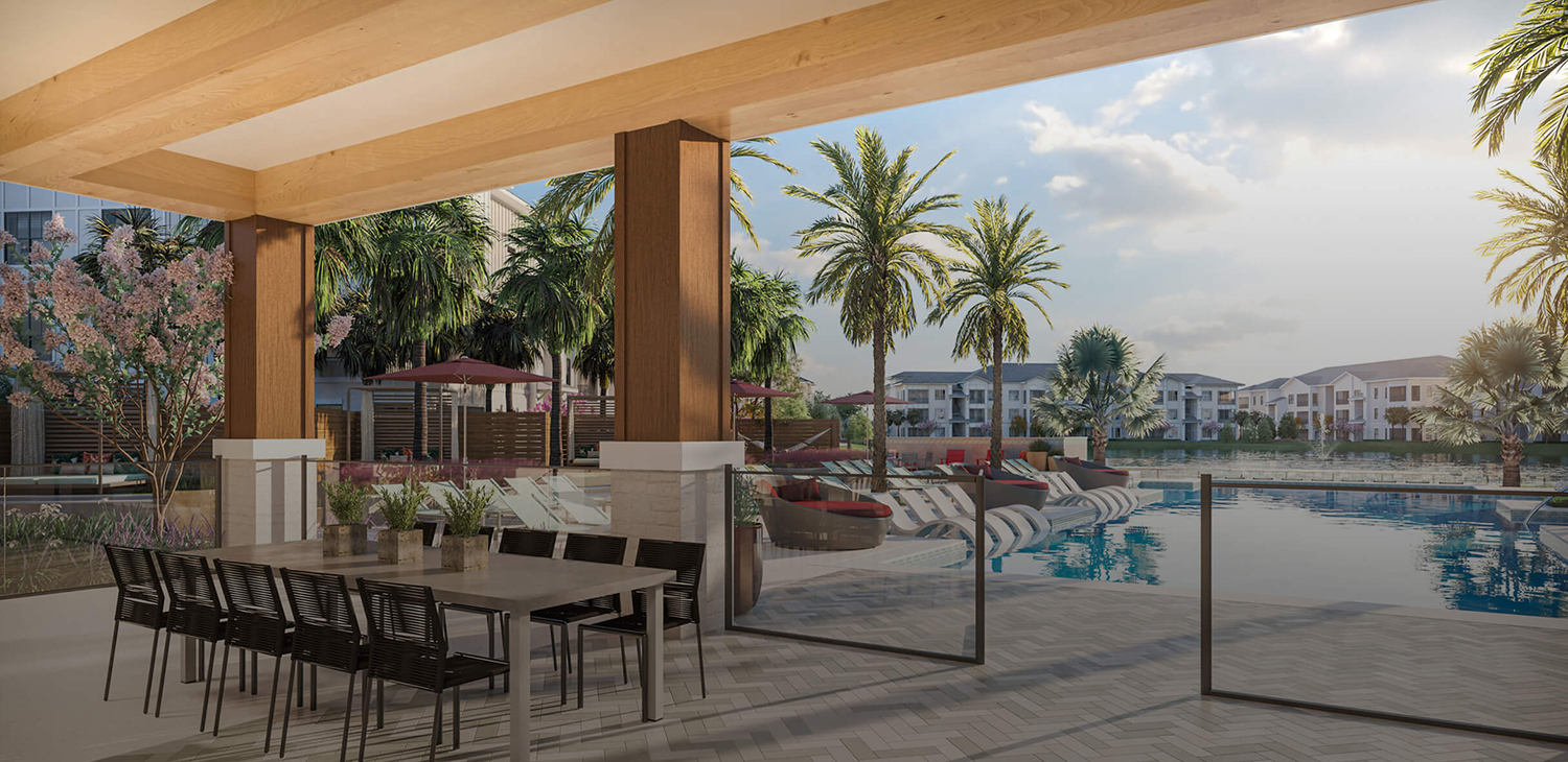 Multifamily amenity rendering of a pool deck and outdoor lounge.