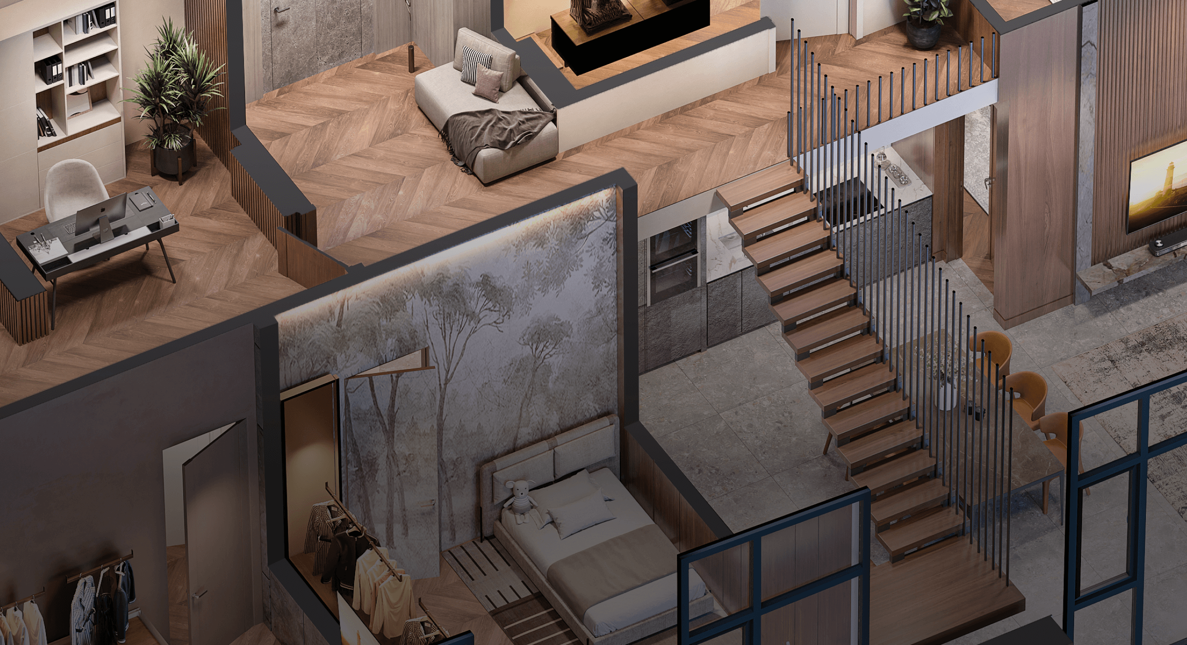 3D floor plan for apartment unit with open kitchen and living space