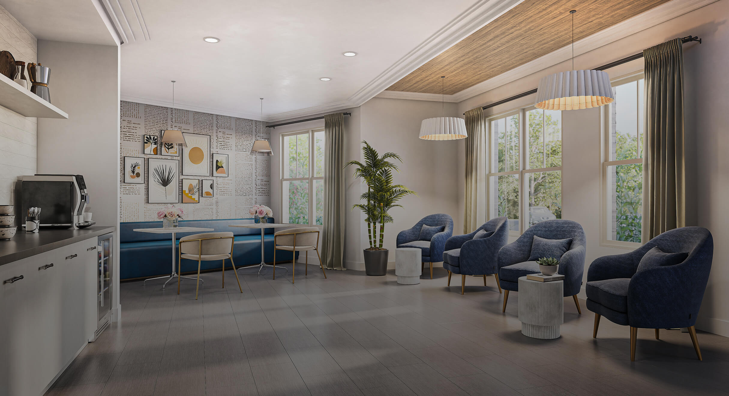Senior living marketing visualization - community lounge interior rendering.