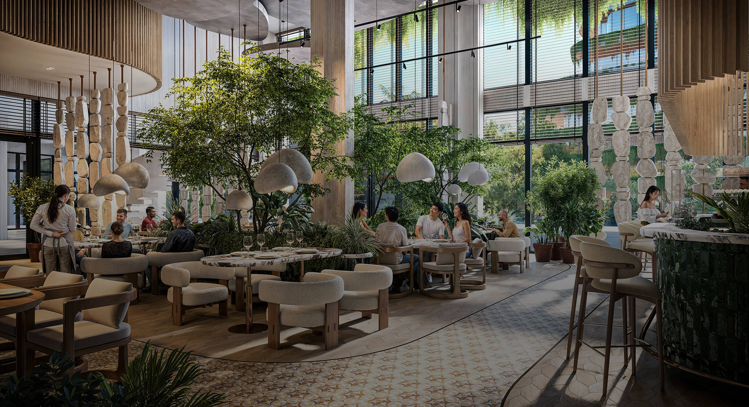 Commercial real estate marketing render of a modern hospitality lounge interior.