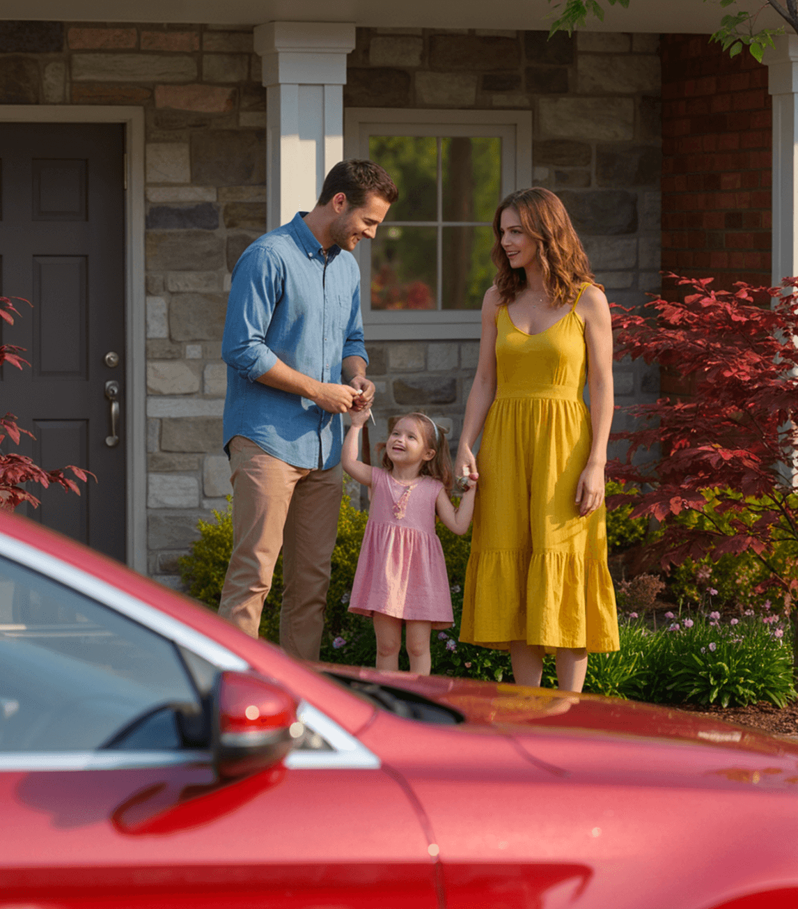 Lifestyle render of a family arriving at their home.
