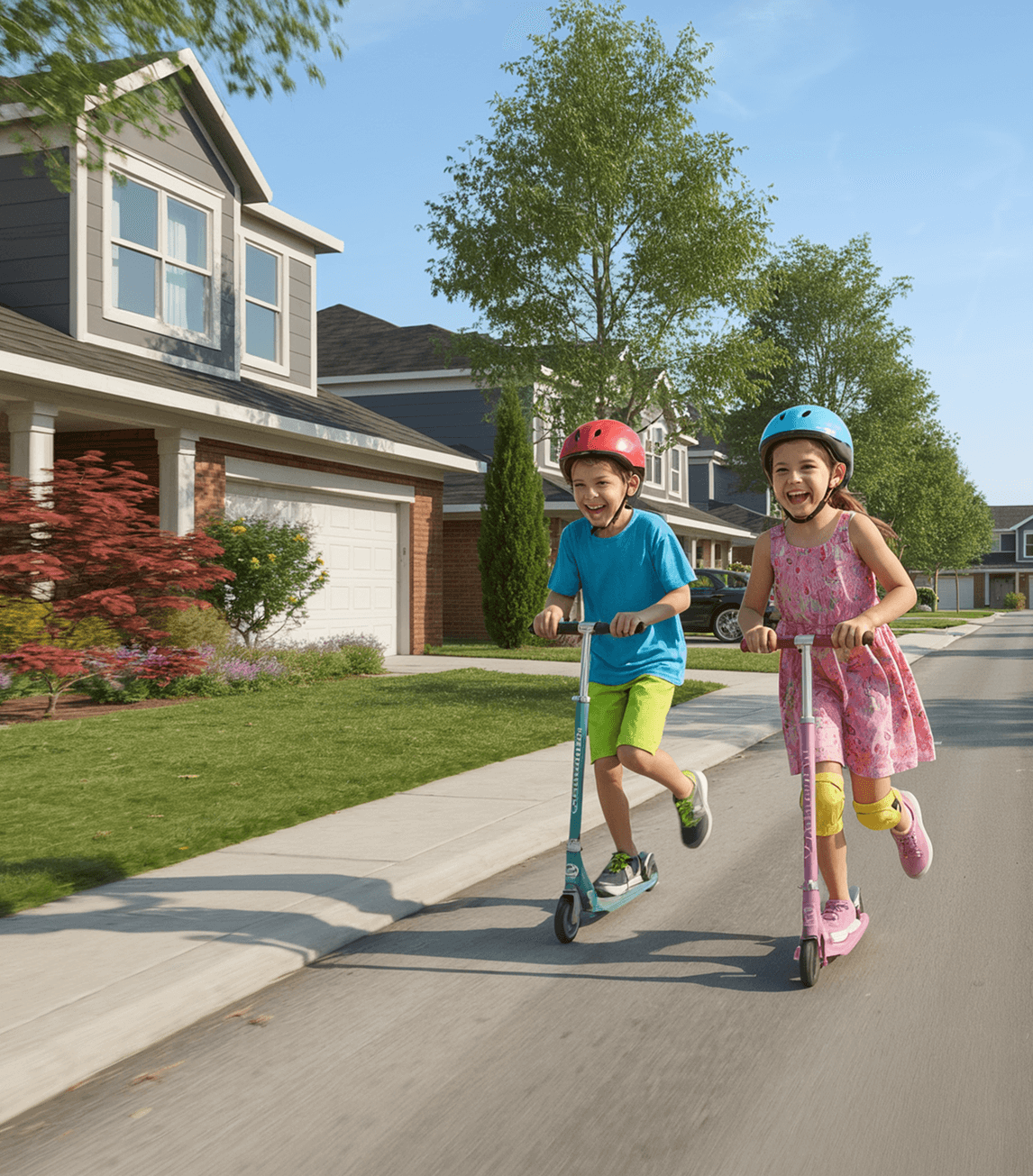 Lifestyle render of kids riding scooters on a residential street.