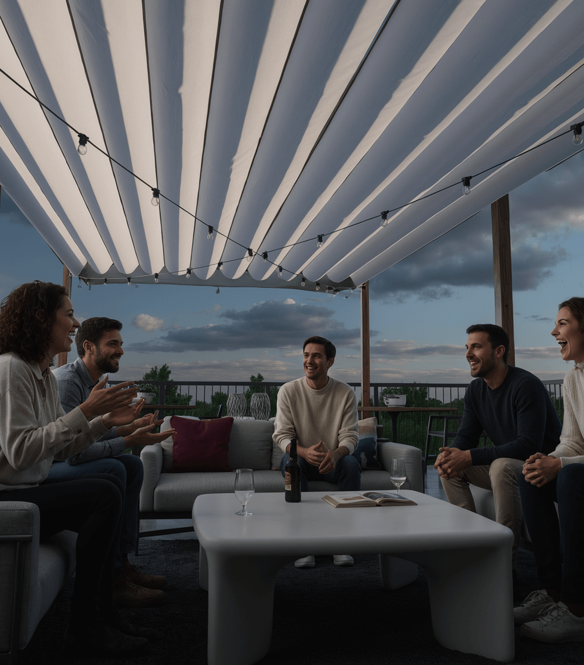Lifestyle render of residents socializing at an outdoor lounge amenity.
