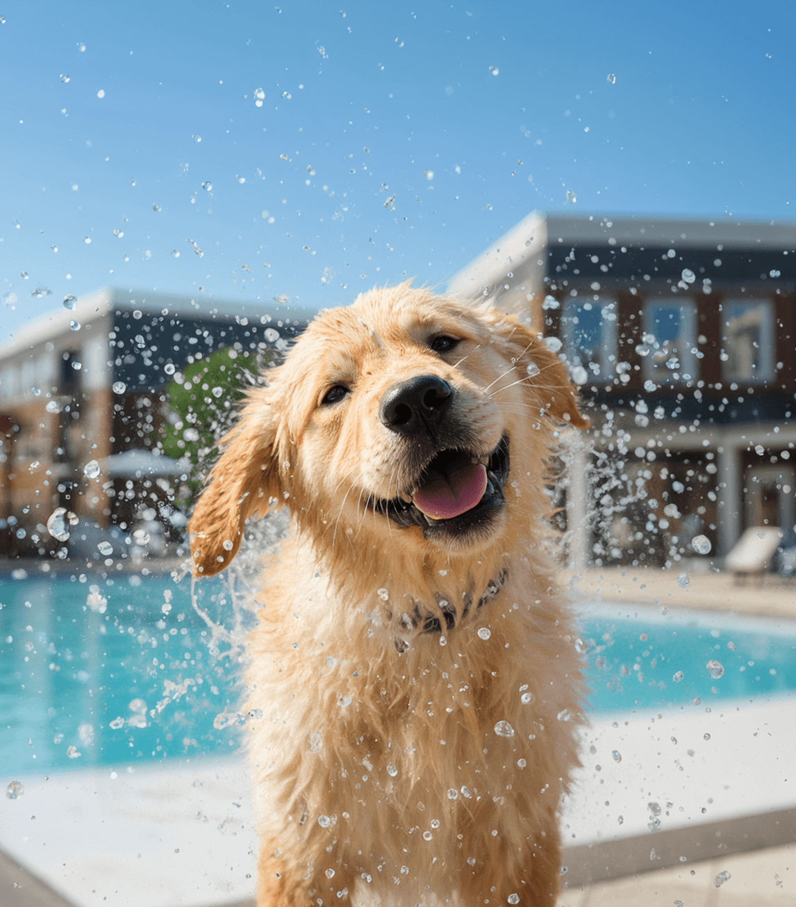 Lifestyle render of a dog at a community pool amenity.