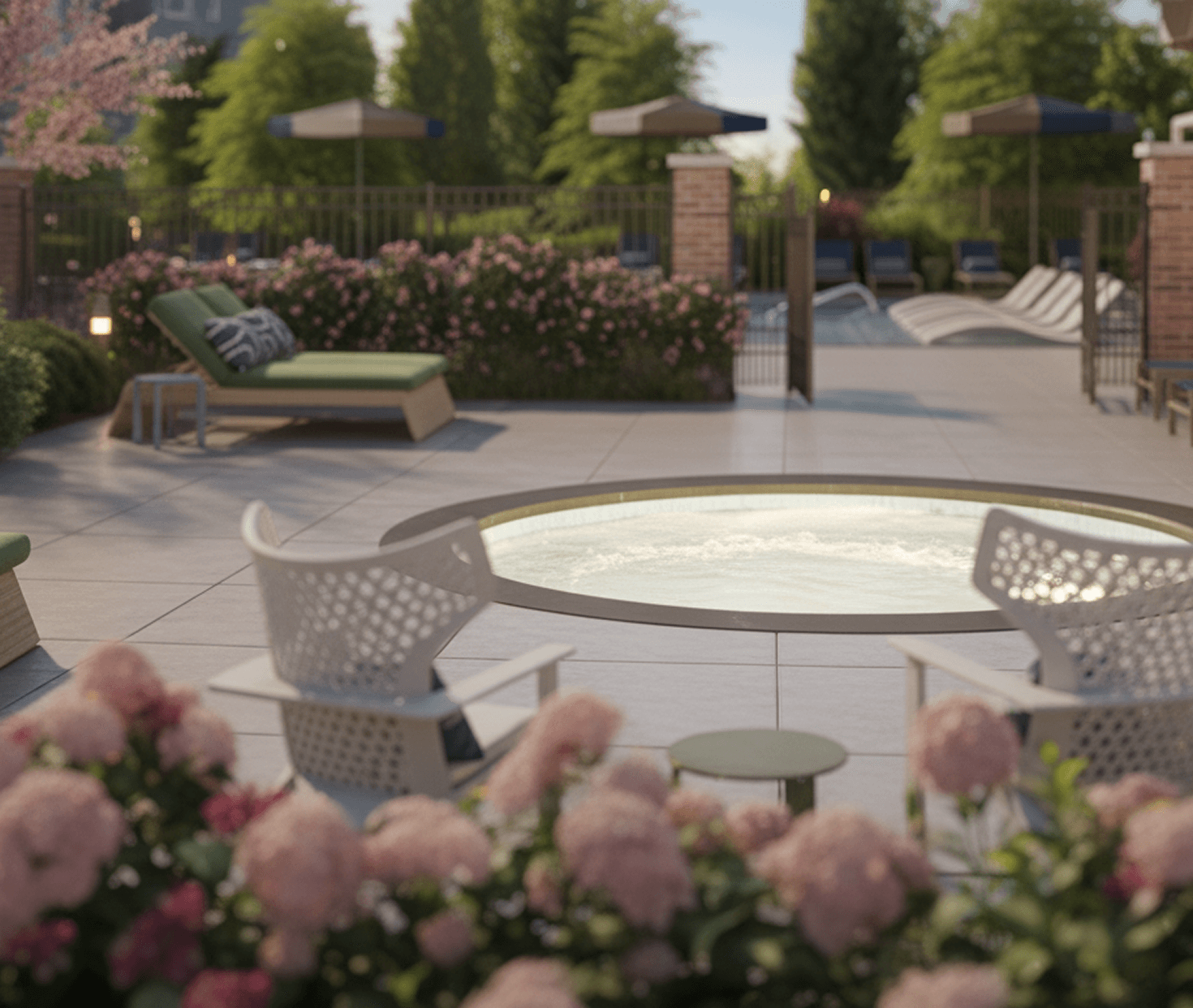 Lifestyle render of residents in a hot tub at a community pool amenity.