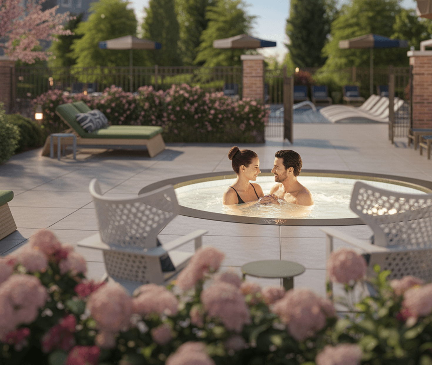 Lifestyle render of residents in a hot tub at a community pool amenity.