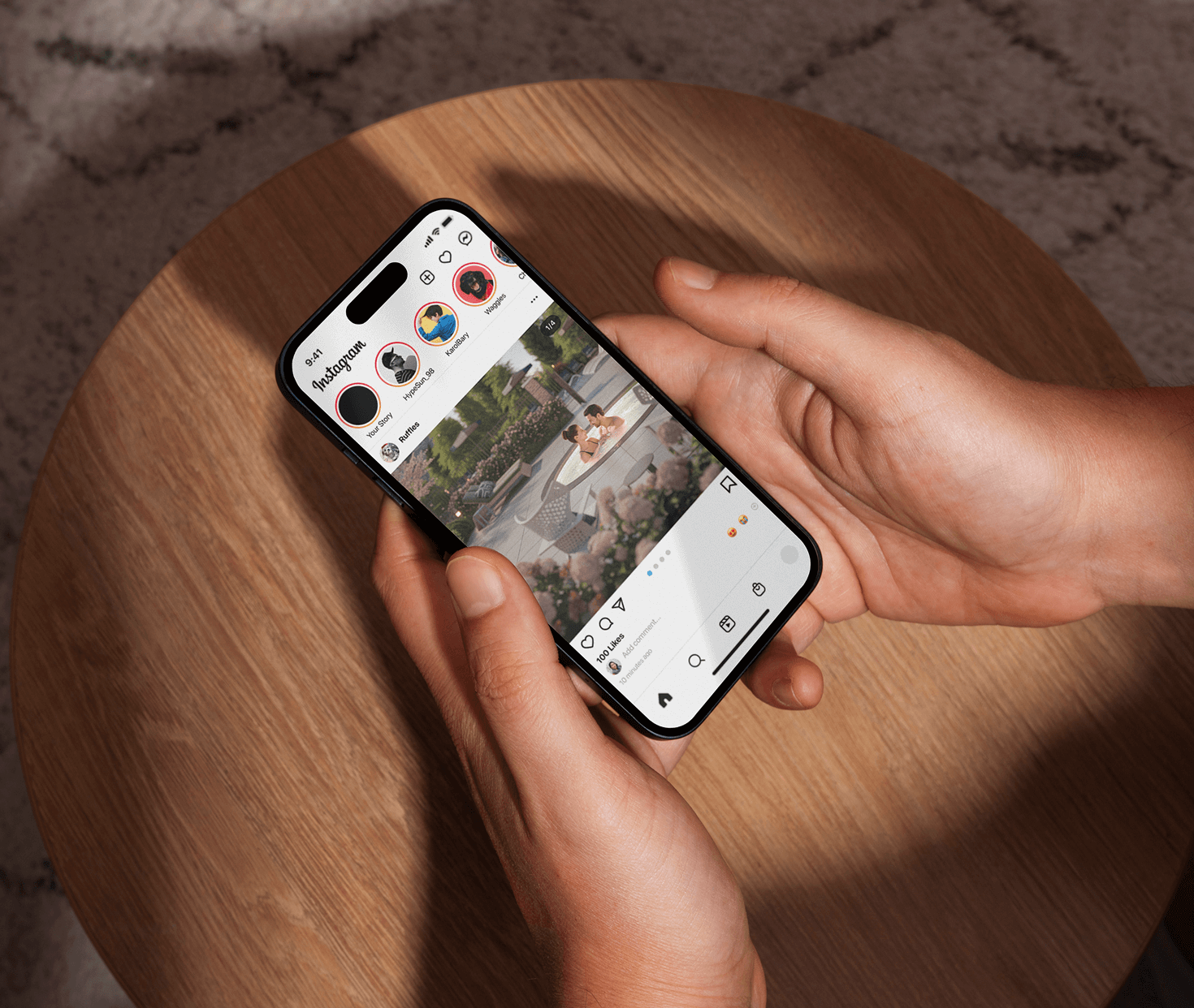 Lifestyle shot of a phone showing property content in a social feed.