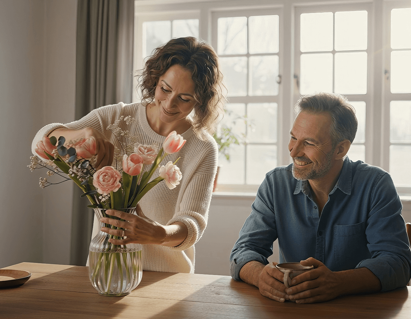 Lifestyle render of a couple at home, decorating with flowers.