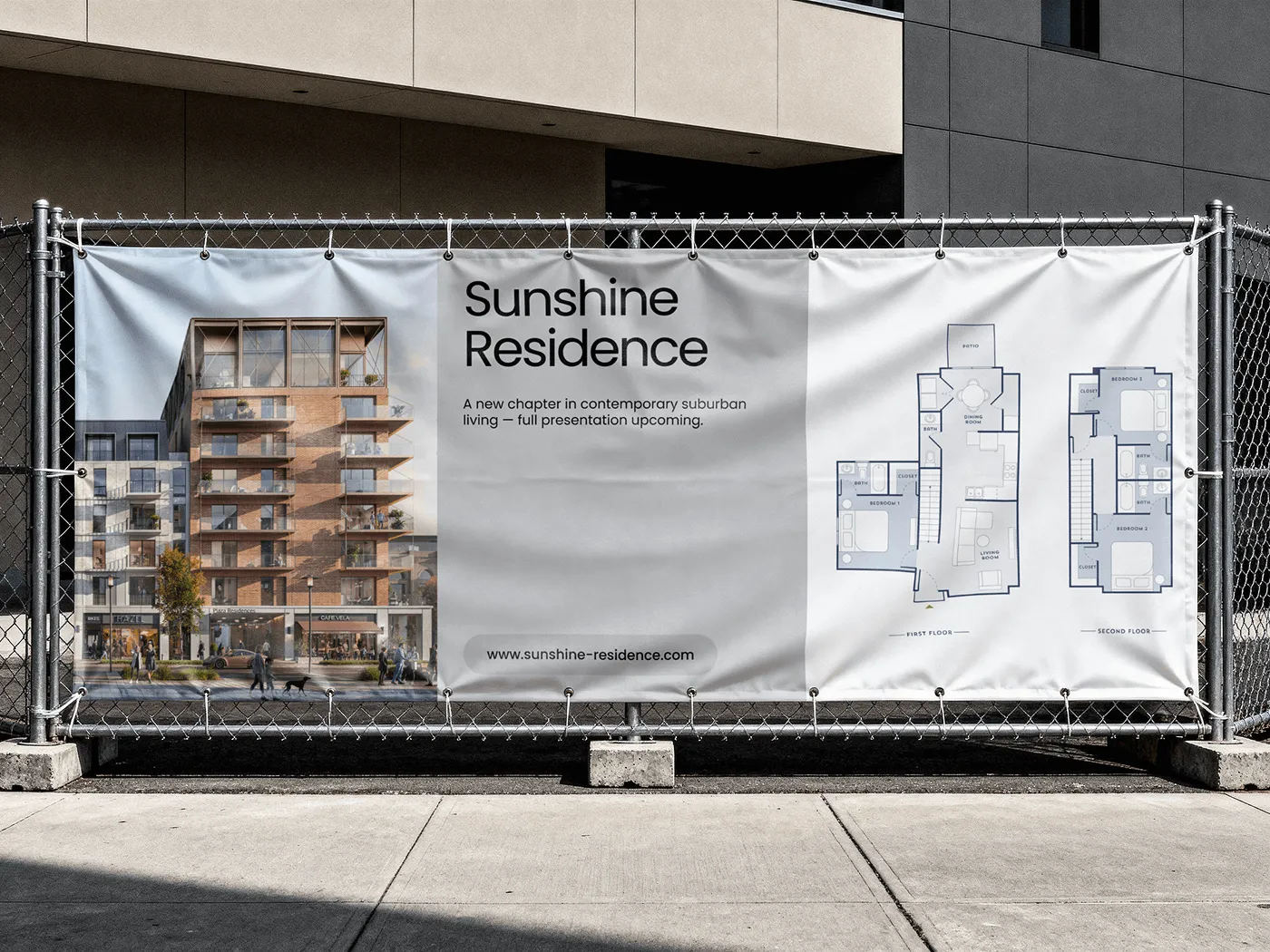 Still rendering on construction site banner for real estate pre-sales
