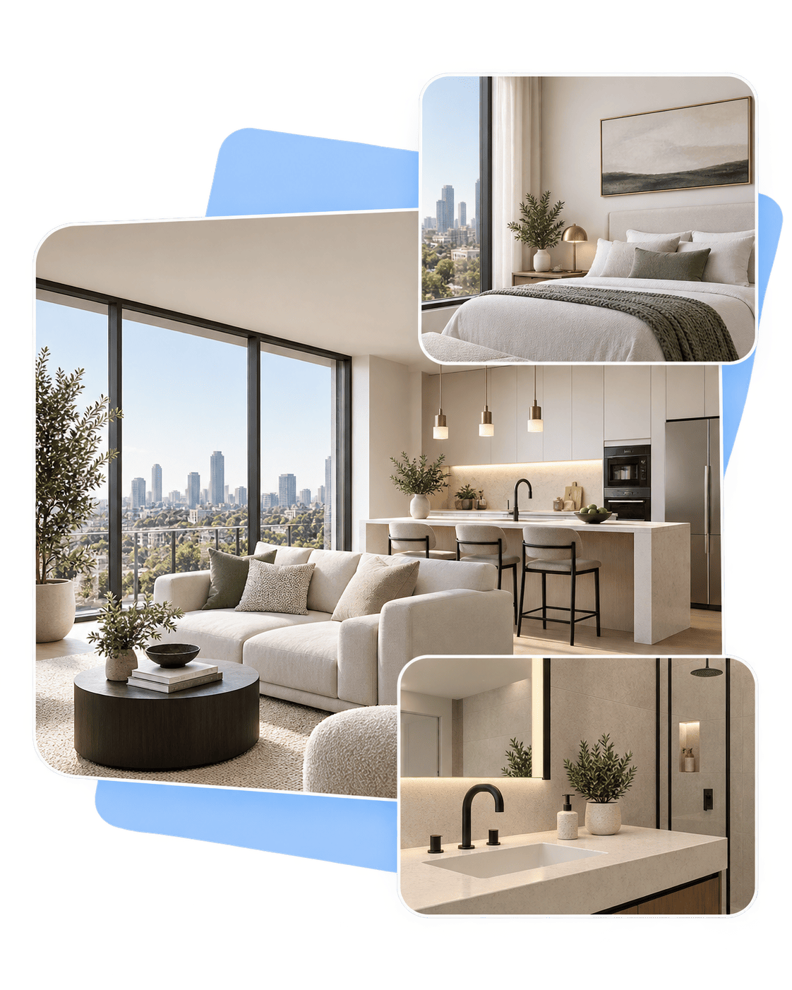 Unit interior collage showing living room, bedroom, kitchen, and bathroom