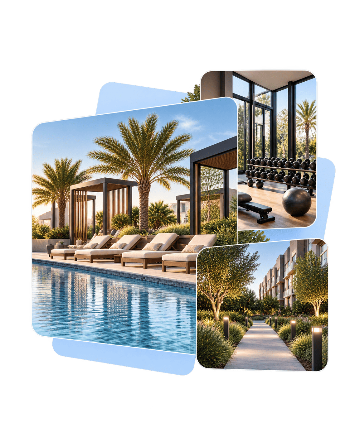 Community amenities collage showing pool, gym, and landscaped walkway