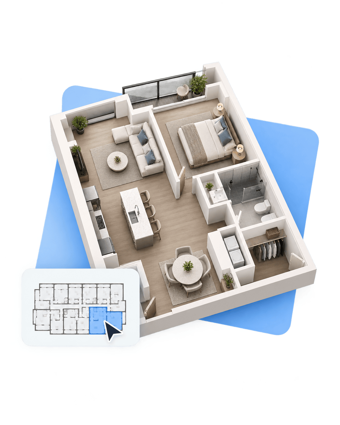 Furnished 3D floor plan rendering with mini-map overlay