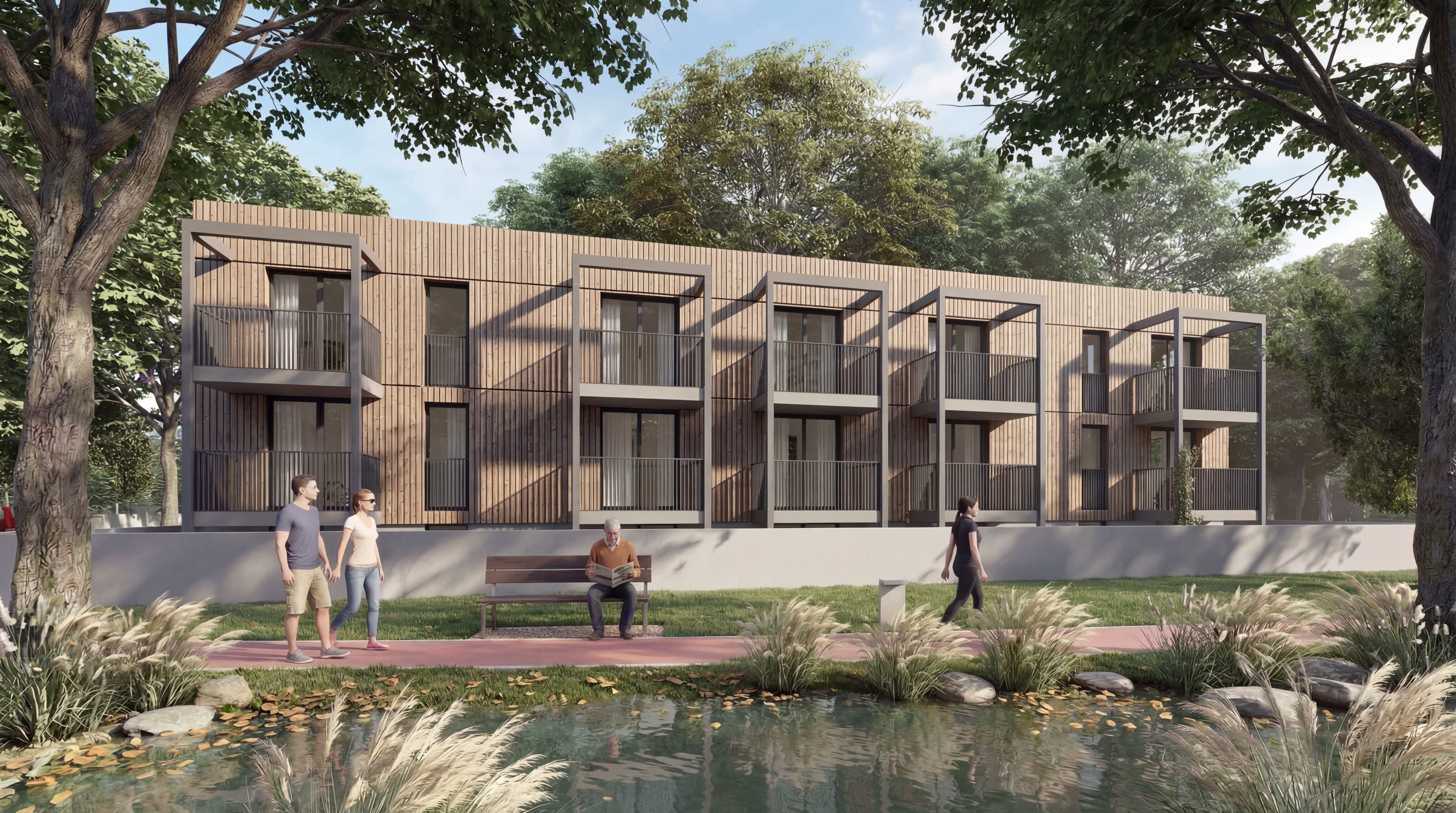 projekt najomneho byvania, bytovy dom pre seniorov projekt, drevena fasada, sebestacny bytovy dom,