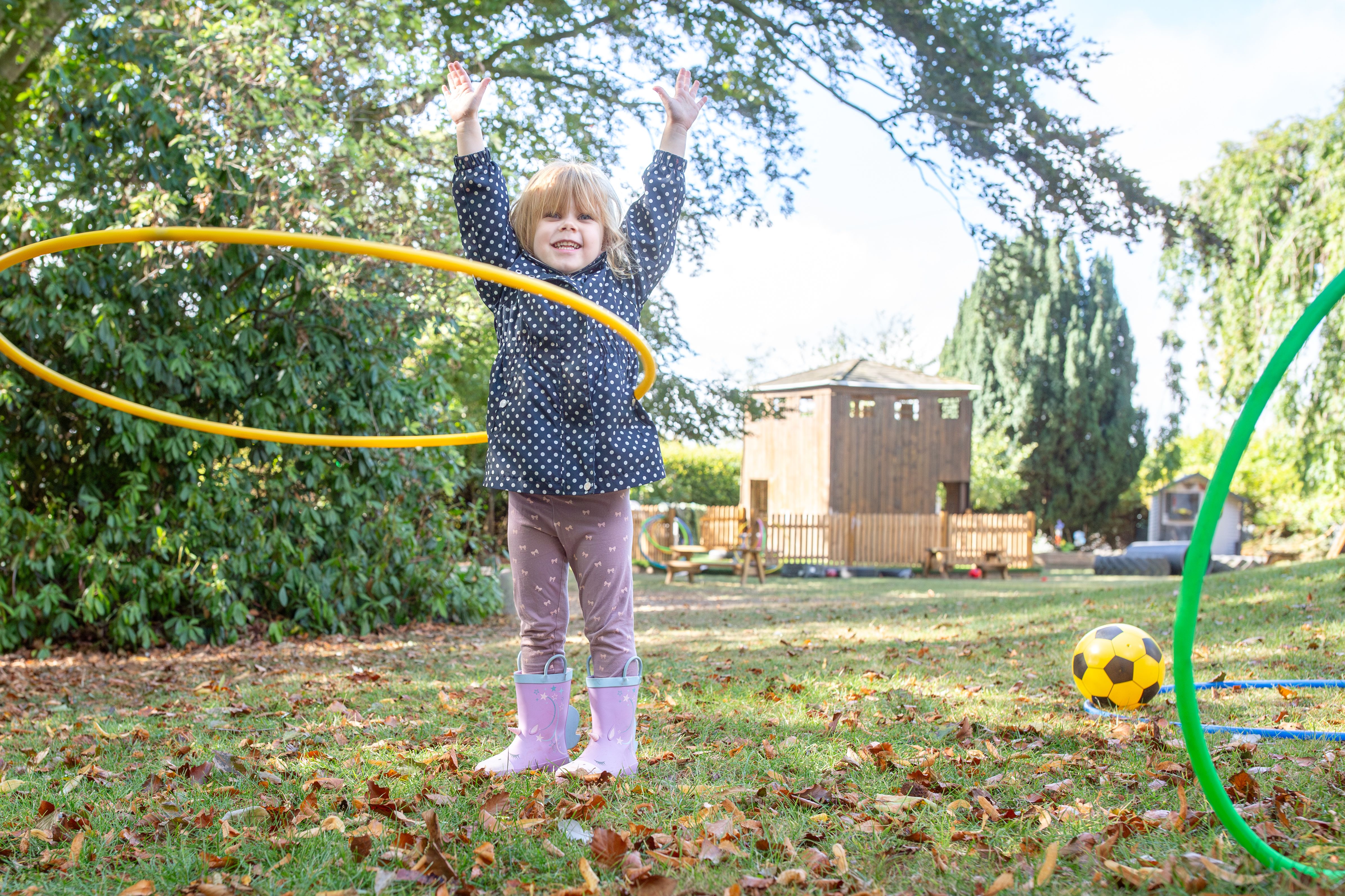 Outdoor learning environment for children, Physical development activities for toddlers, Nature-inspired nursery garden, Hula hoop play for kids,