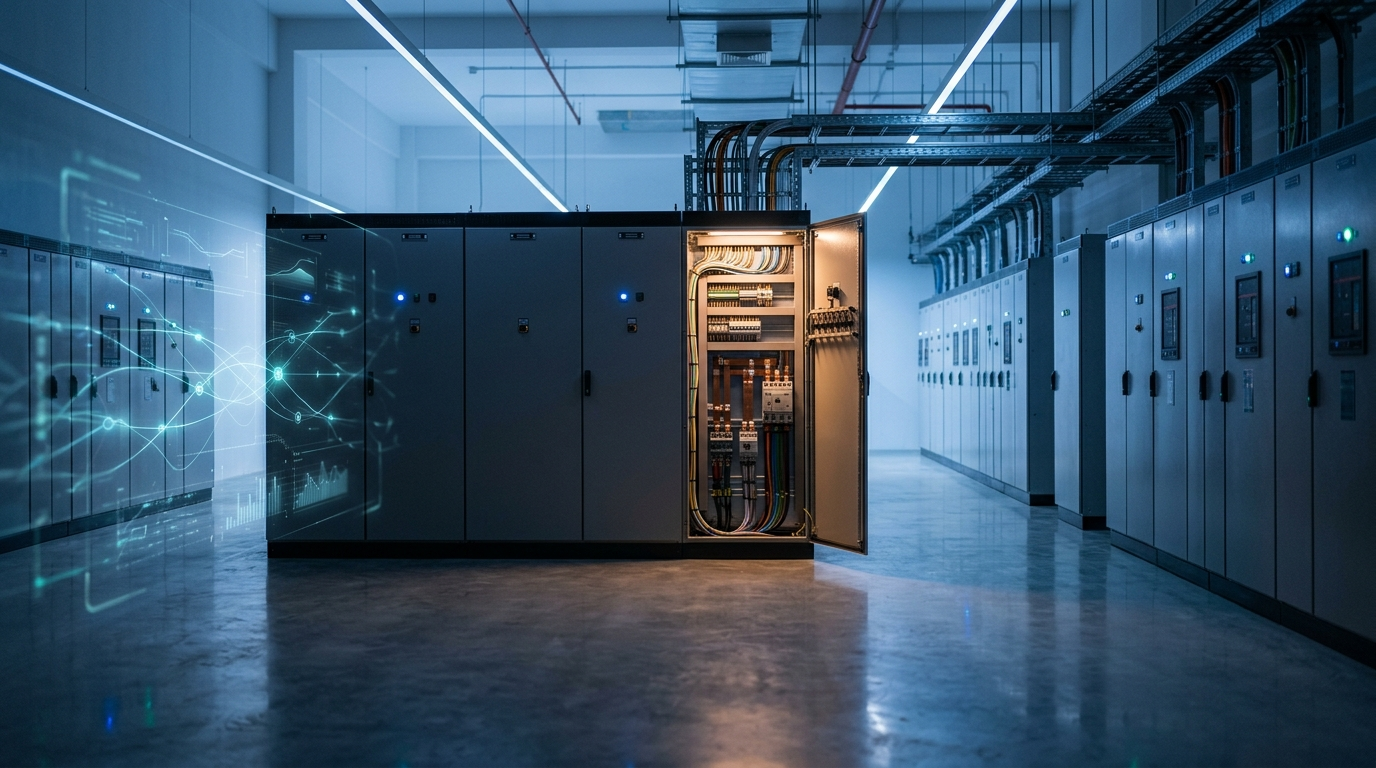 Modern Southeast Asian electrical switchboard room with abstract energy data overlay for engineering services