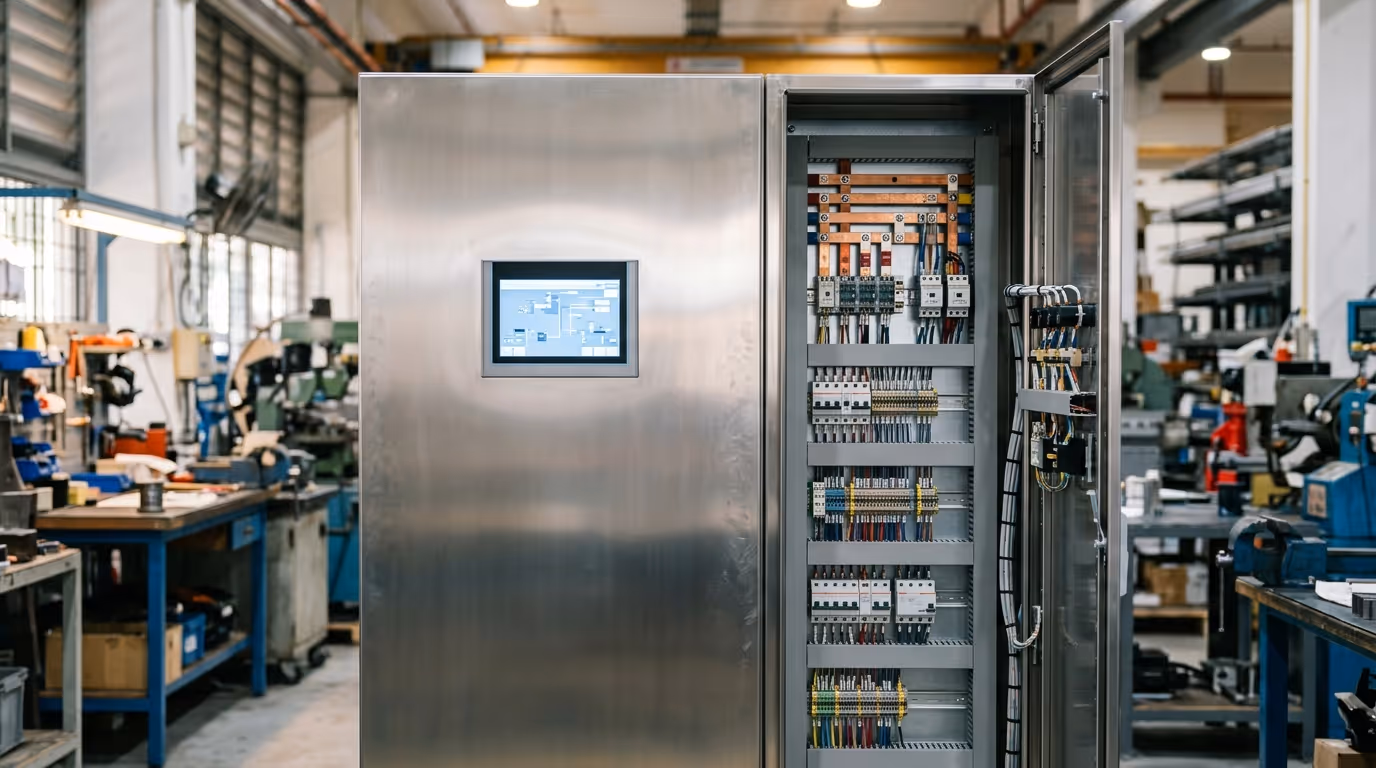 Custom electrical control panel with HMI touchscreen showing abstract process flow in a Singapore engineering workshop