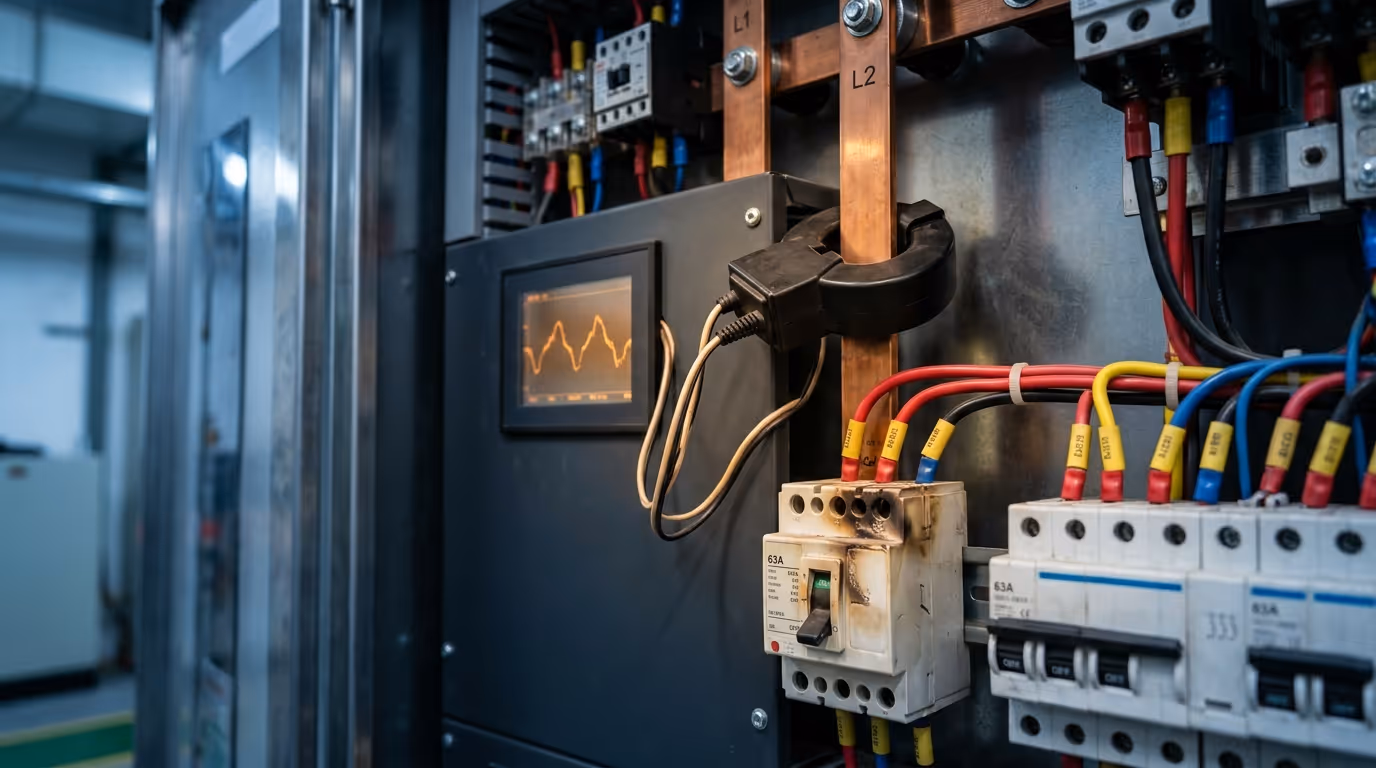 Power quality analyser clamp on a distribution board busbar with a partially tripped breaker showing heat stress