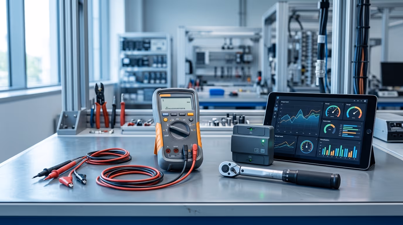 Engineering workbench with multimeter, torque wrench, IoT energy meter, and tablet showing abstract energy dashboard