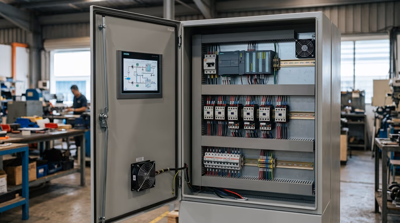 Open ACMV control panel with PLC modules, contactors, and HMI showing chiller process flow in a Singapore workshop