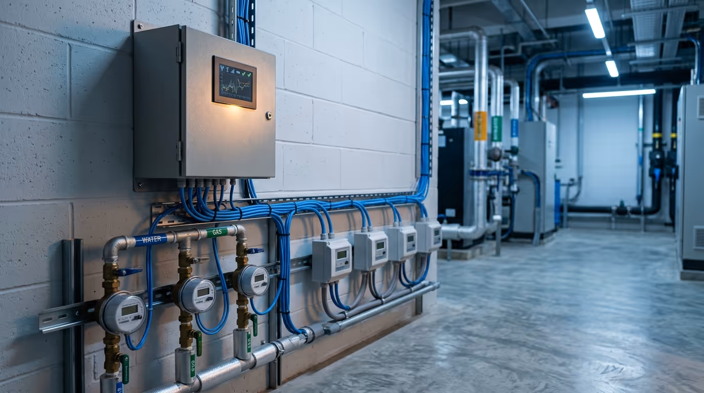Wall-mounted IoT gateway with live trend display connected to water, gas, and electricity sub-meters in a Singapore plant room