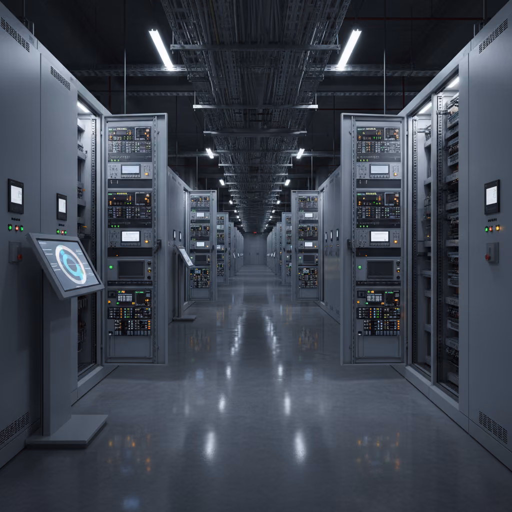 Singapore integrated resort back-of-house electrical plant room with rows of switchgear cabinets, densely populated sub-meter racks, and an EMS dashboard touchscreen showing a stylised multi-zone energy load chart.