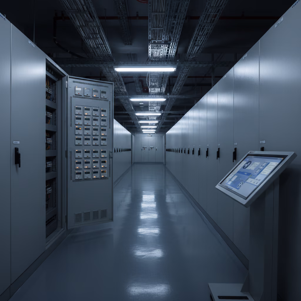 Singapore government judicial building electrical and BMS plant room with light-grey switchgear cabinets, panel-mount energy meters, and a BMS supervisory touchscreen showing a stylised HVAC zone schematic.