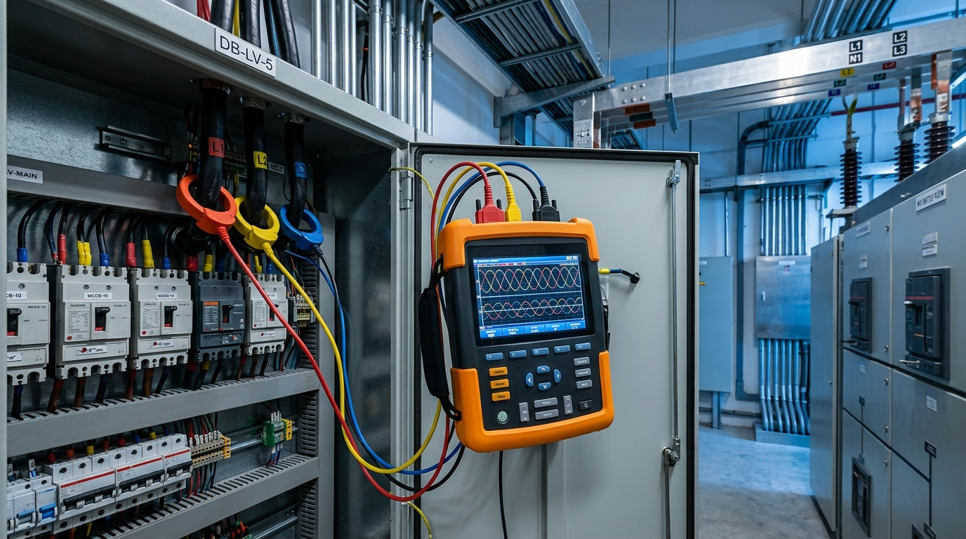 Power quality analyser with clamp-on CTs on a distribution board in a Singapore MV switch room