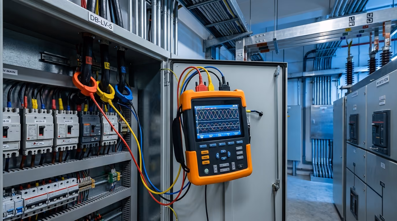 Power quality analyser with clamp-on CTs on a distribution board in a Singapore MV switch room