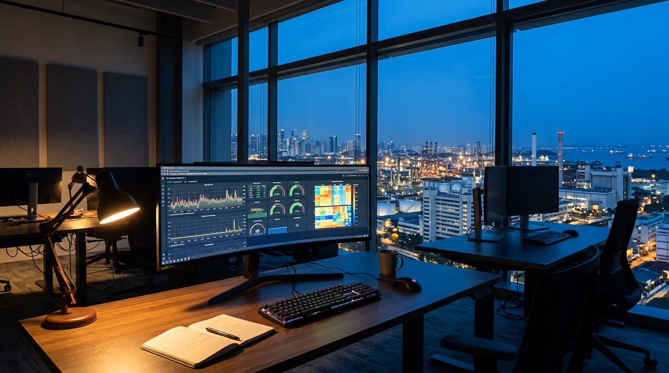Online data logging dashboard with real-time energy charts on a curved monitor in a Singapore operations room