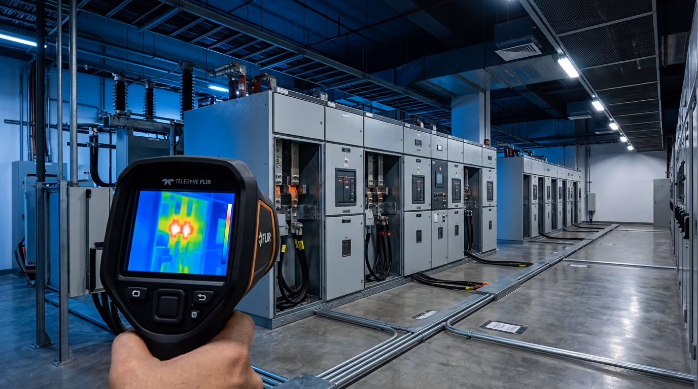 Thermal imaging camera inspecting medium-voltage switchgear for hotspots during preventive maintenance