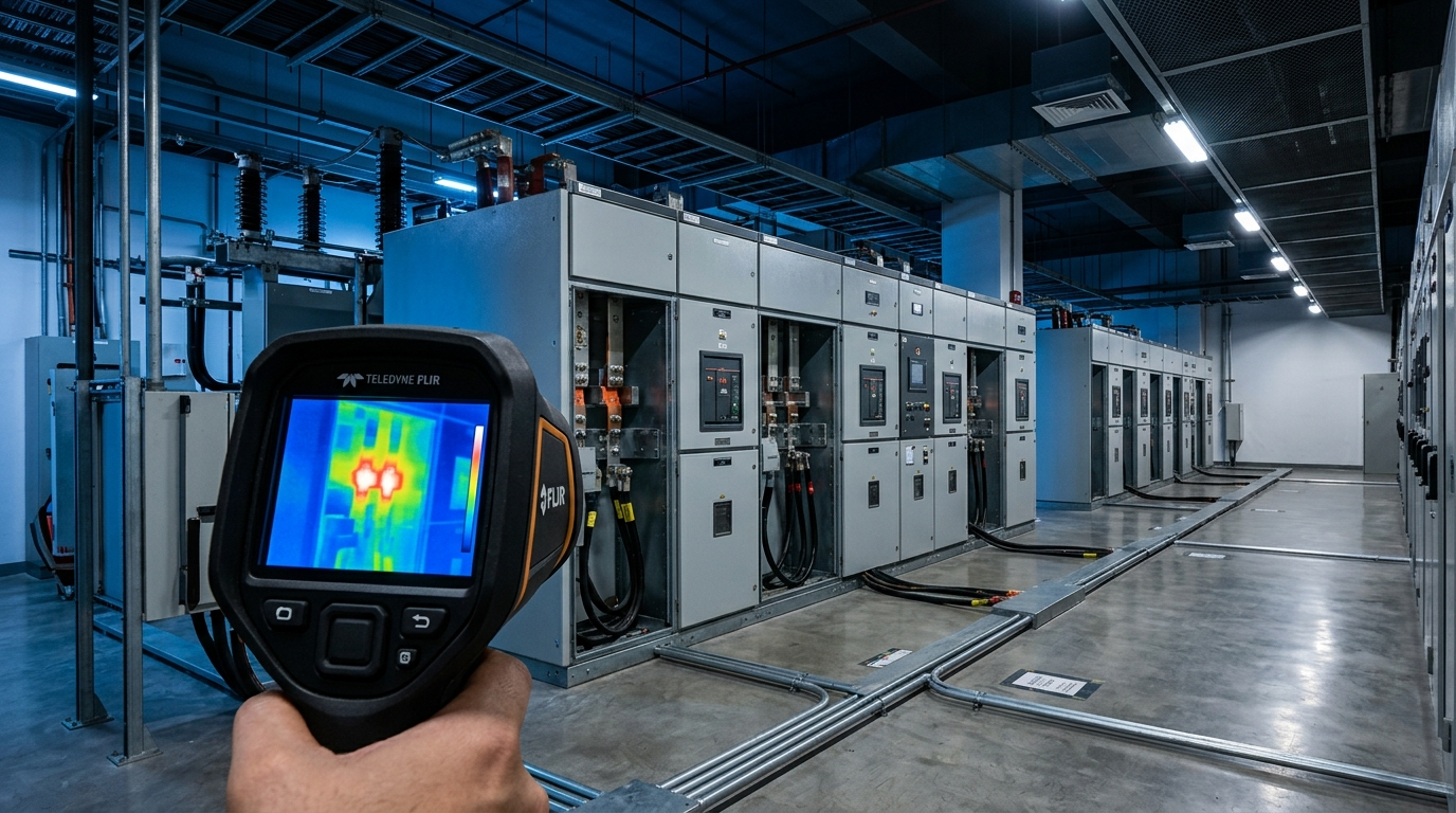 Thermal imaging camera inspecting medium-voltage switchgear for hotspots during preventive maintenance