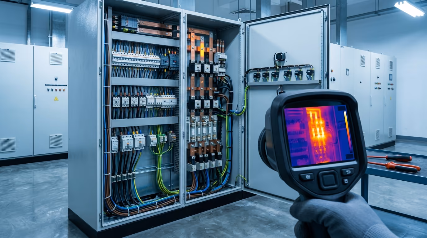 Open switchboard cabinet with infrared thermal camera revealing busbar hotspots in a Singapore electrical room