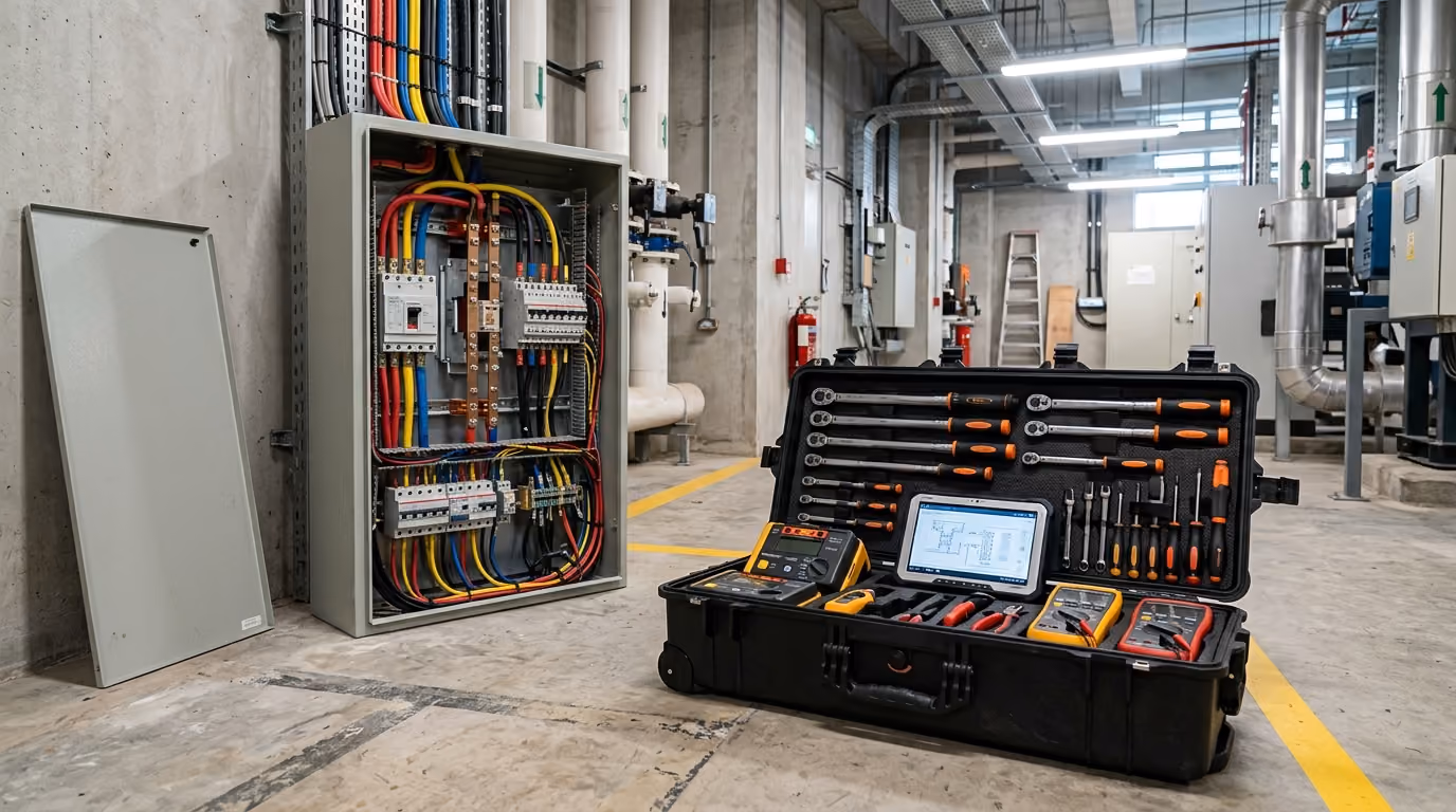 Open field service toolkit with testers and tablet beside an opened distribution panel in a Singapore plant room