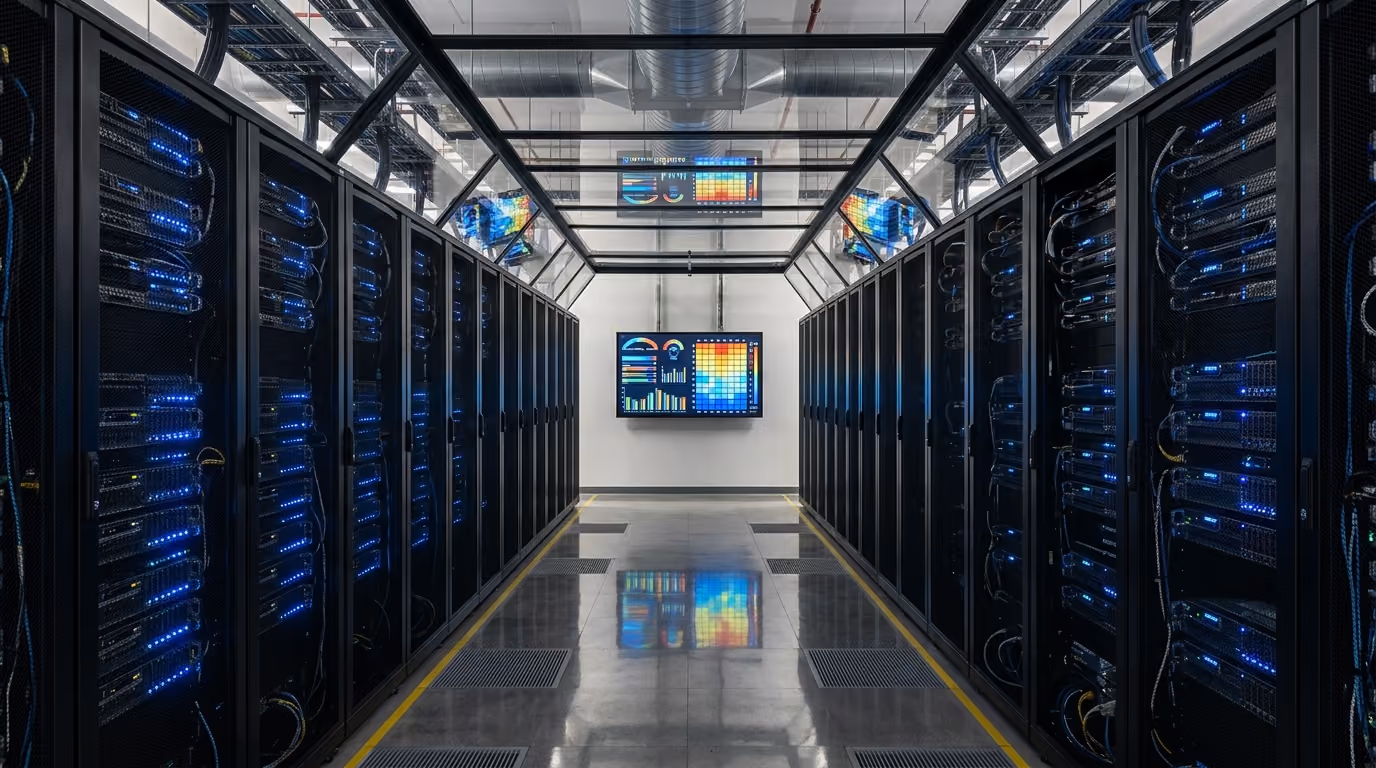 Singapore data centre cold aisle with wall-mounted energy monitoring panel showing capacity gauges