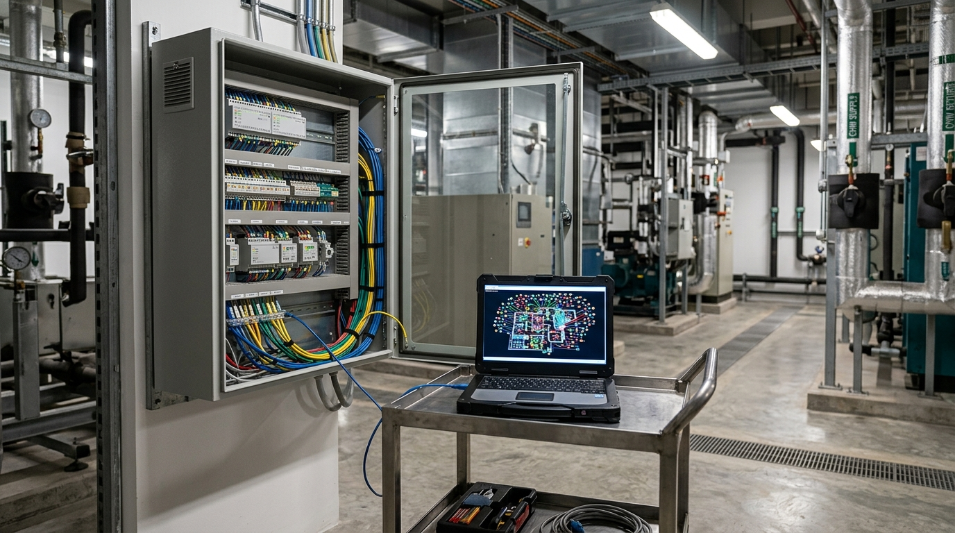 BMS cabinet under commissioning with laptop showing floor-plan sensor visualisation in a Singapore plant room