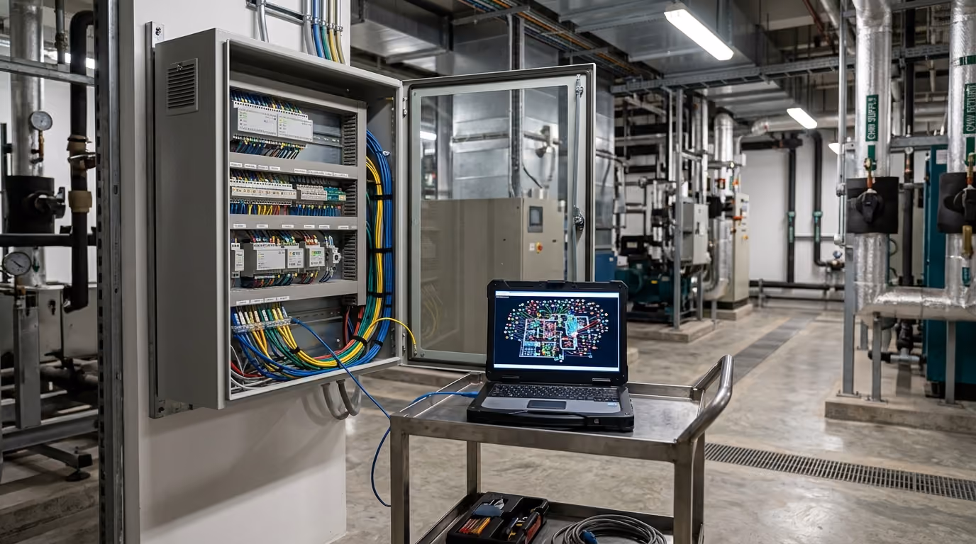 BMS cabinet under commissioning with laptop showing floor-plan sensor visualisation in a Singapore plant room