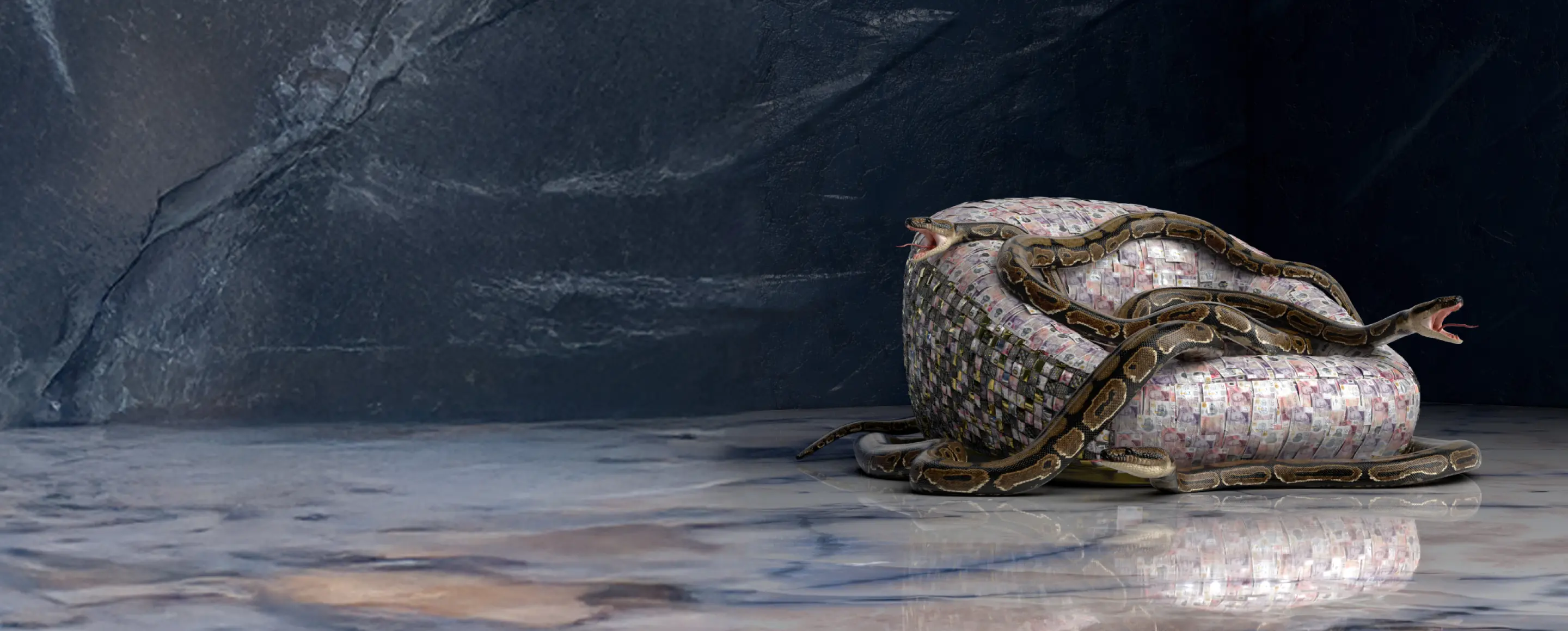 Coiled snakes resting on a chair constructed from banknotes, set against a dark textured wall with a reflective marble floor.