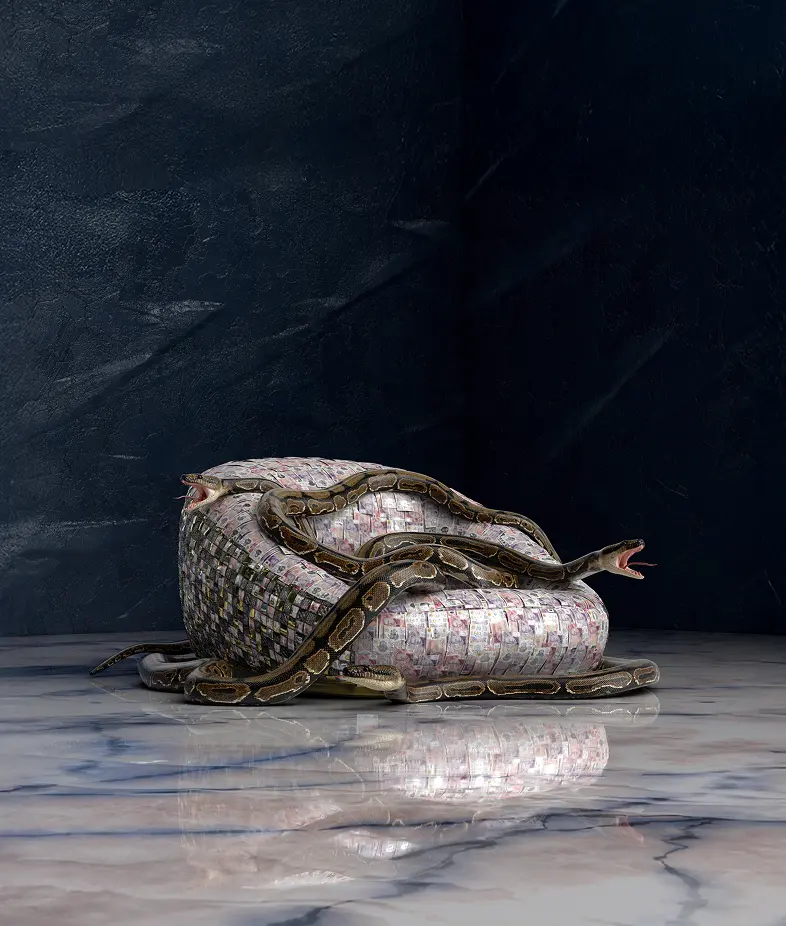 Coiled snakes resting on a chair constructed from banknotes, set against a dark textured wall with a reflective marble floor.
