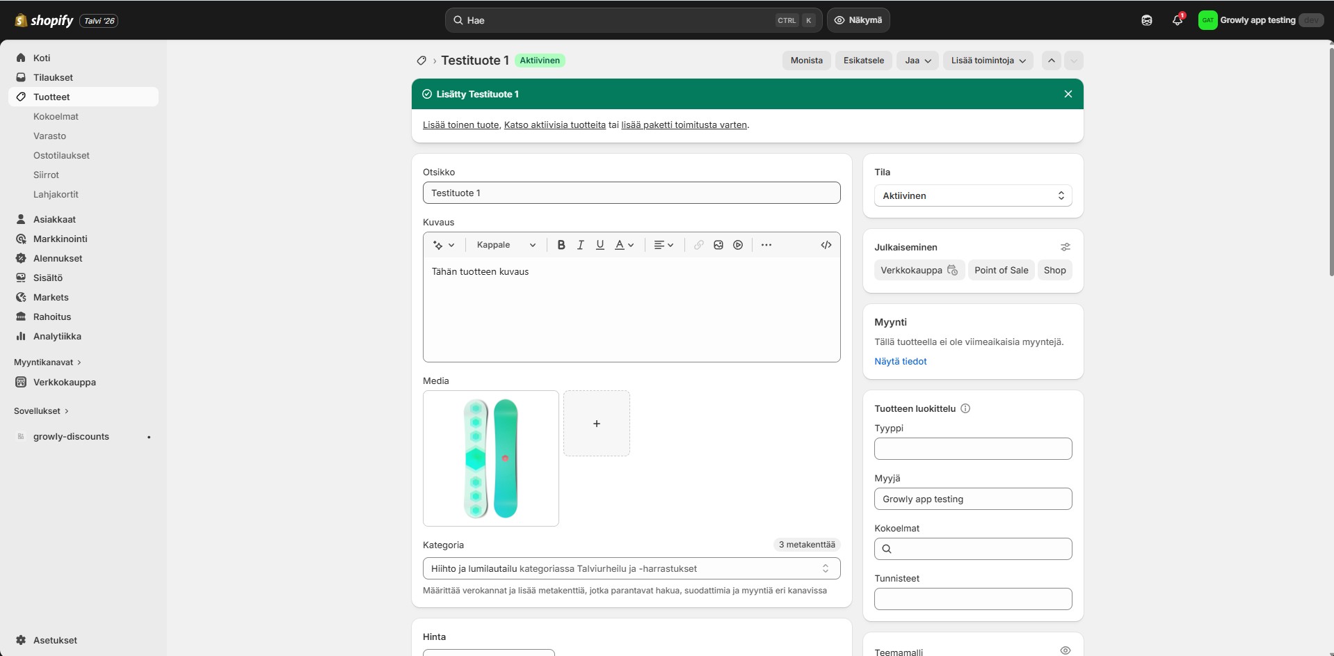 Shopify-hallintapaneeli - tuotteen lisääminen verkkokauppaan