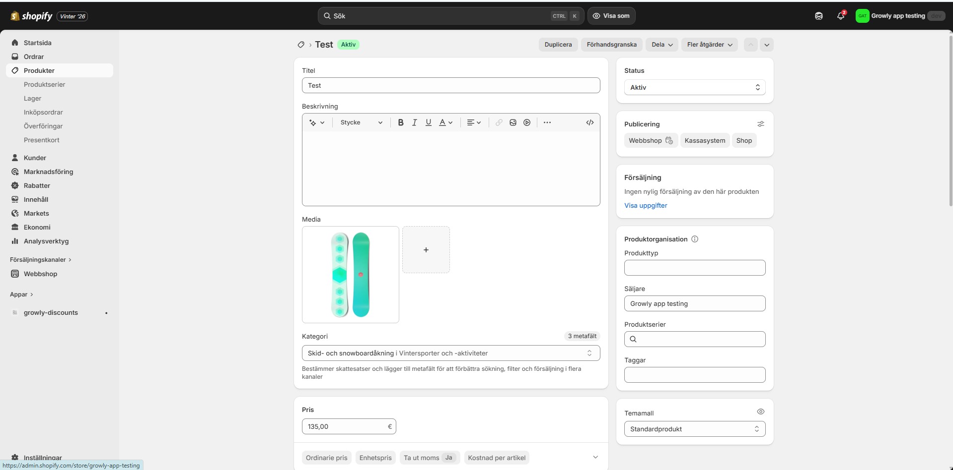 Shopify adminpanel - lägg till produkt i webshop