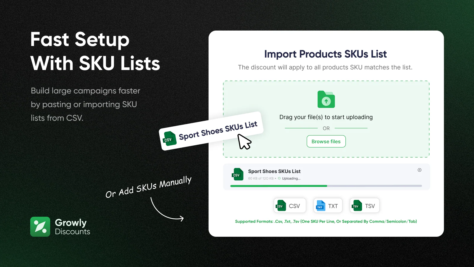 Drag and drop -työkalu, johon vedät SKU-listan CSV-, TXT- tai TSV-tiedostona kampanjaan.