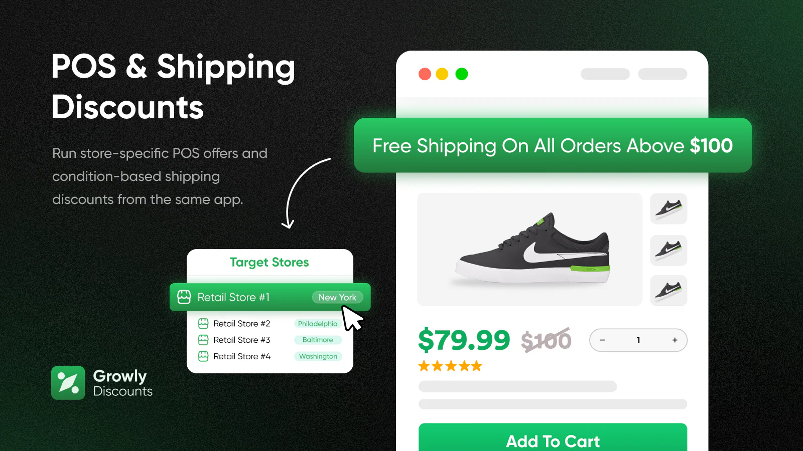 Tuotesivu, jossa Free Shipping On All Orders Above 100 -toimitusalennus ja kohdennus valittuihin myymälöihin.