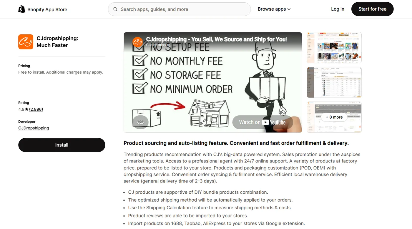 CJdropshipping Shopify app listing showing 4.9 star rating and free to install pricing