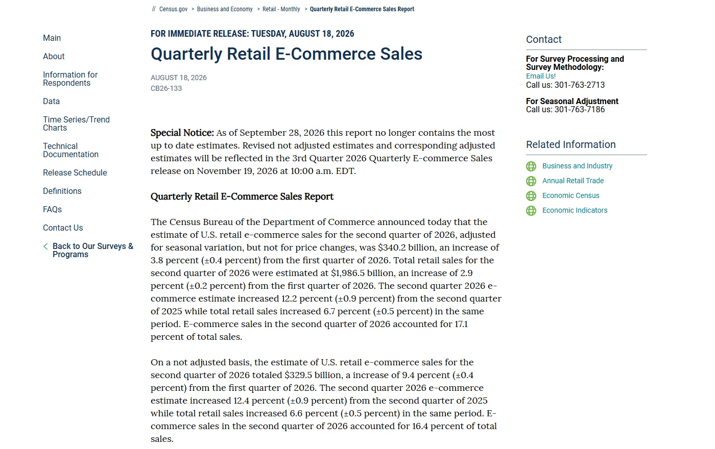 US Census Bureau quarterly retail ecommerce sales report for Q2 2026
