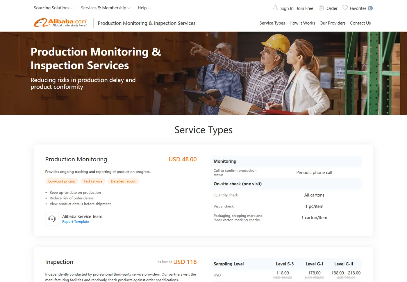 Alibaba inspection services pricing page for pre-shipment checks when buying from Alibaba