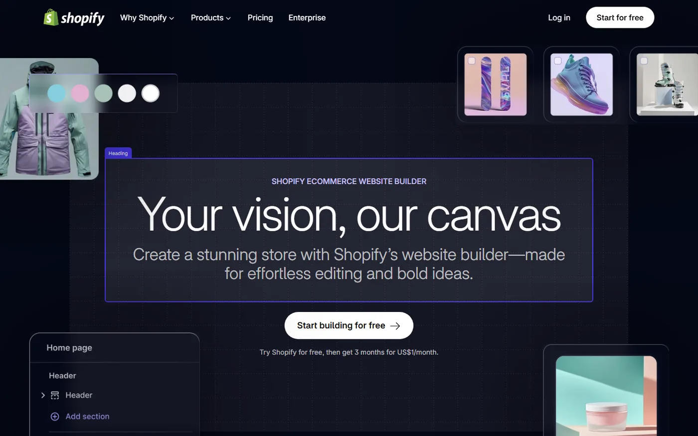 Shopify AI store builder on the Shopify website builder page