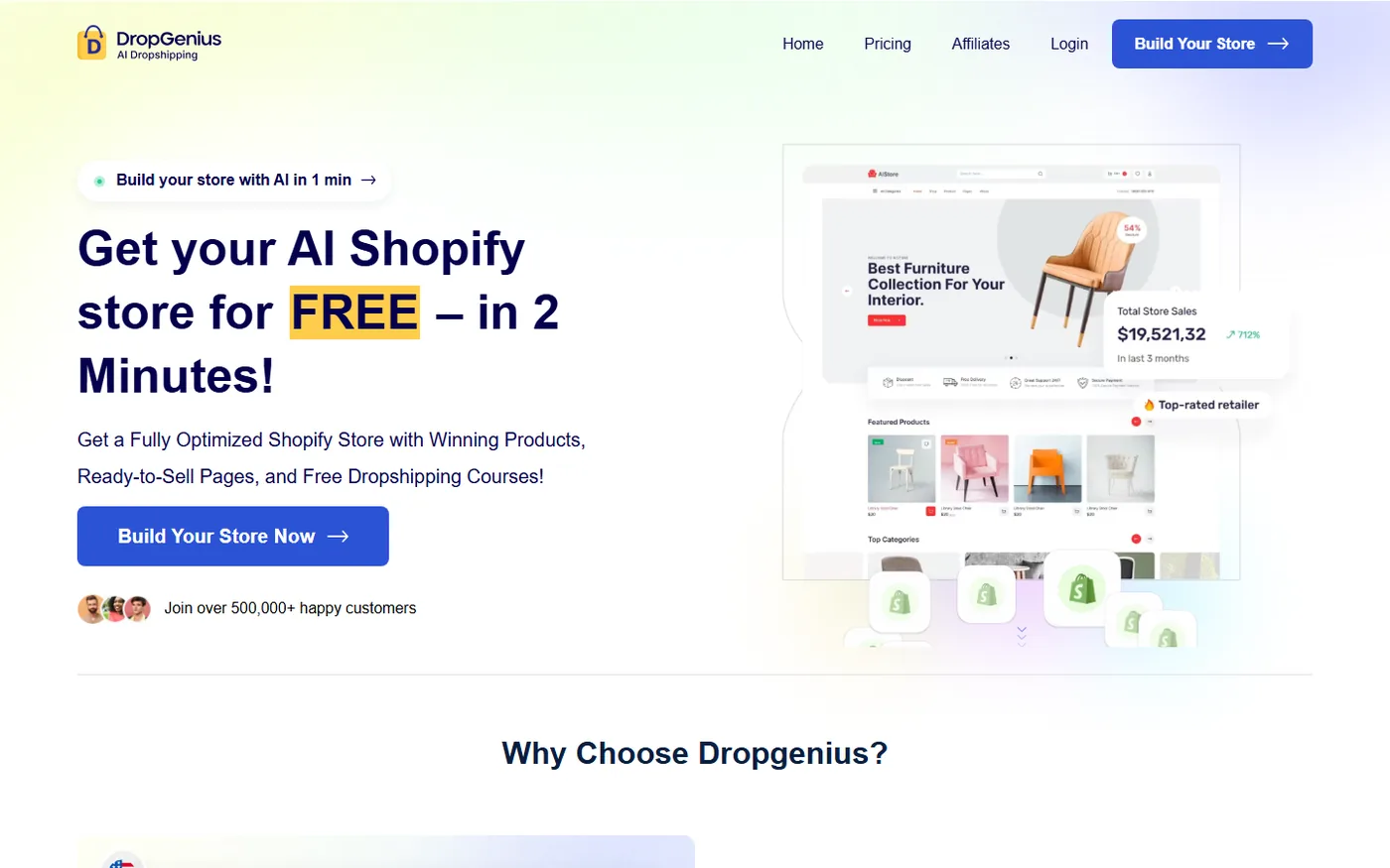 DropGenius AI Shopify store builder homepage offering an AI-built Shopify store in 2 minutes