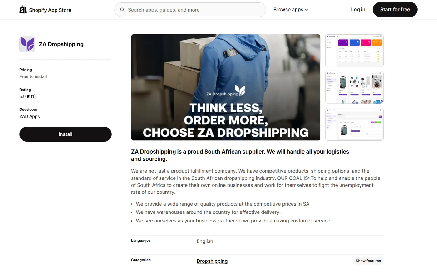 ZA Dropshipping Shopify app listing for local suppliers in South Africa