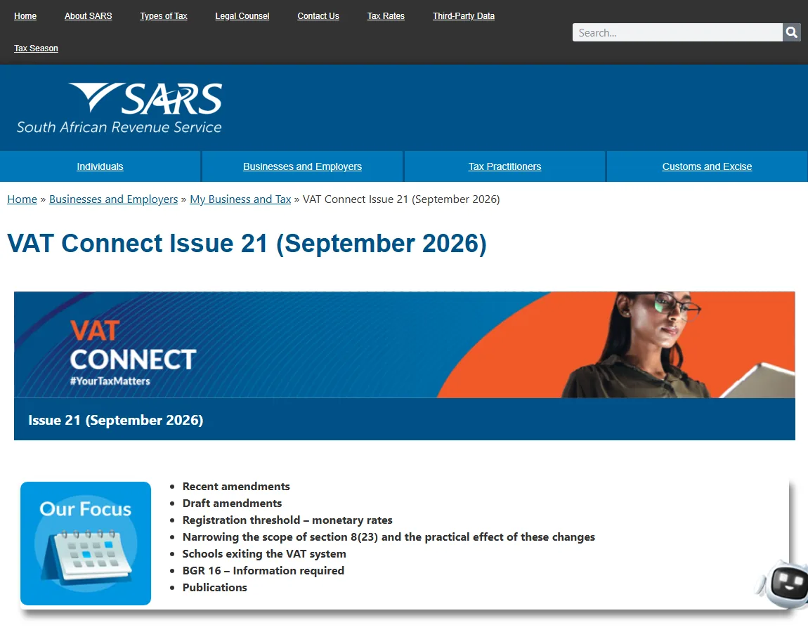 SARS VAT Connect Issue 21 page covering VAT changes that affect dropshipping in South Africa