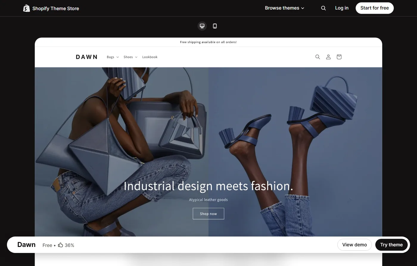 Shopify Dawn theme preview in the Shopify Theme Store for a dropshipping store